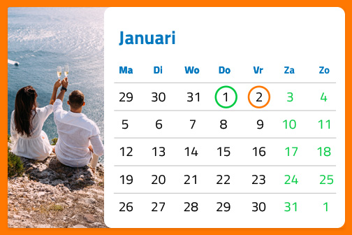 Stel dat op een rotsrand bij zee zit en proost, naast een kalender voor januari met gemarkeerde dagen in groen en oranje