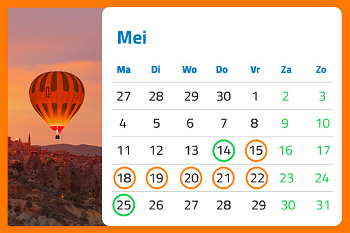 Landschap met een grote luchtballon tijdens zonsondergang naast een meikalender met diverse gemarkeerde dagen.