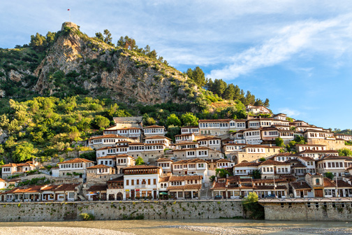 Traditionele huisjes in de groene heuvels van Berat in Albanie