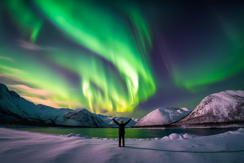Noorderlicht met besneeuwde bergen in Lapland