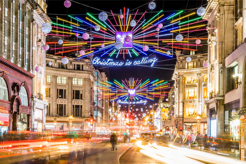 Kerstversiering in Oxford Street, Londen tijdens een stedentrip december