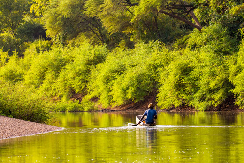 Persoon peddelt in een kleine boot over een rustige rivier, omgeven door dicht groen langs de oever, op de Gambia rivier.